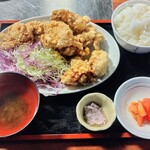 よしやす食堂 - から揚げ+定食セット(ご飯大盛り)
