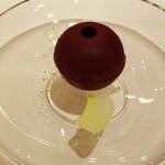 メゾン・ド・タカ芦屋 - グランデセール：苦味の効いたショコラで包みこんだフランボワーズとピスタチオ①ソースをかける前