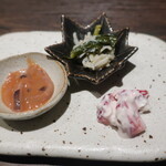 灯 - 塩辛、しらすと菜花のアンチョビソテー、苺とマスカルポーネ