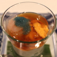 うぶか - 先付　（湯葉豆腐　北海道産 甘海老　雲丹　青柚子　鼈甲餡　(2014/07)