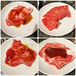 グルメリア但馬 - (左上)上カルビ(タレ)    (右上)上赤身(塩)
(左下)上ロース(タレ)    (右下) ロースしゃぶ(辛口タレ)