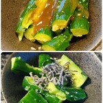 グルメリア但馬 - (上)ぶったたききゅうり(梅味)
(下)ぶったたききゅうり(塩こんぶ)