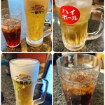 グルメリア但馬 - (左上)烏龍茶 と生ビール   (右上)ジンジャーハイボール
(左下)生ビール    (右下)烏龍茶