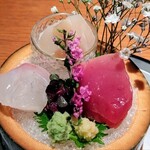 銀座ろくさん亭 - お刺身 旬の魚三種盛(初鰹、真鯛、平貝)