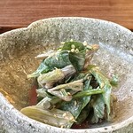 鎌倉 北じま - 山菜の胡麻和え
      使っている山菜は、蕗、蕨、アシタバ、ノビル、牡丹防風、全て魚人長谷川さんが鎌倉の山から摘んで来られた物ばかり