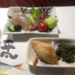 えぼしの里 - 刺身こんにゃく、アイガモ燻製、蕎麦いなりなど