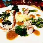 HAGI - ⑤ 蛸、山菜（タラの芽、カタクリ、ナルコユリ、タカノツメ、コゴミ、セリ）
      　★ 蛸のマリネ、玉子茄子+ナッツのソース、虎河豚の生ハム掛け