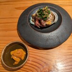 裕の輪 - 芹　白和え　蛍烏賊　鮑 ＆ 雲丹　鮑肝醤油