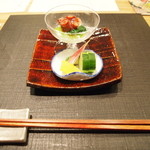 おおたに - 香の物　きゅうり糠漬け・かりもりの西京味噌漬け・みょうがの甘酢漬け・コリンキーの浅漬け・夏蛸の柔らか煮・小松葉のおひたし