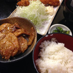西麻布　日本料理「利久。」 - ランチ 豚の生姜焼きとエビフライ定食 1100円