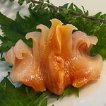 たちばな寿司 - この赤貝は美味しかった。注文してから剥きました。下には紐も隠れています