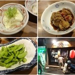 炭旬 - 突き出し、鶏レバ、枝豆、外観。ニンニク臭い鶏レバが美味♪