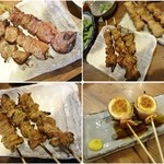 炭旬 - 各種串焼き（塩）。カリっとした焼き加減はいいんだけど、ちょっとしょっぱかったかな…