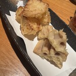 季節料理かたやま - 新玉ねぎ、レンコン天ぷら