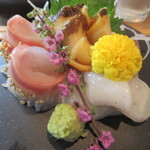 人と木 - 刺身は鯛、さざえ、たこです。