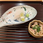 料理屋そうびき - お造り（広島産カワハギ）、肝あえ