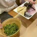 澤田 - 食材：花山椒 淡路の黒メバル 筍 蕨