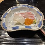 富小路 やま岸 - 造り、明石鯛塩じめ、淡路はりイカ、生このこ、酢橘割り醤油