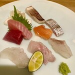 日本酒餐昧うつつよ - 造盛り合わせ。桜鱒、平目、こち、ぐれ、かます、ひっさげまぐろ。ここまでがいわゆるお通しでになります。