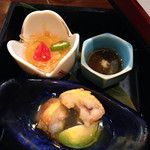 旬味 いやさか - 2014年8月　先付３種、そうめんなんきん、もずく、エビ？のしんじょ（激ウマ）