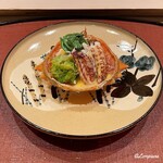 御料理 寺沢 - 栗蟹とウルイの刻みとコゴミの黄身酢の甲羅詰め