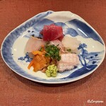 御料理 寺沢 - 赤貝､鮎魚女､本鮪中トロ､槍烏賊､鮃と鮃の縁側の造り