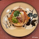 御料理 寺沢 - 栗蟹とウルイの刻みとコゴミの黄身酢の甲羅詰め