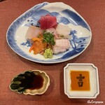 御料理 寺沢 - 赤貝､鮎魚女､本鮪中トロ､槍烏賊､鮃と鮃の縁側の造りを割醤油とちり酢で