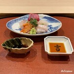 御料理 寺沢 - 赤貝､鮎魚女､本鮪中トロ､槍烏賊､鮃と鮃の縁側の造りを割醤油とちり酢で