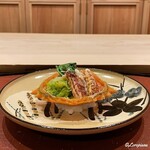 御料理 寺沢 - 栗蟹とウルイの刻みとコゴミの黄身酢の甲羅詰め