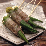 Kagoshima Ken Kirishima Shi Tsukada Noujou - オクラの豚肉巻き… 直送オクラの粘りが多い。マヨネーズと柚子胡椒を付けて食べるのがオススメらしい。…が、ちょっと塩が効きすぎてたかな。オクラの美味しさが塩に負けてた。