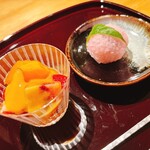 御料理 ふじ田 - ◇甘いもの◇ せとかオレンジ いちご キウイ 桜餅
