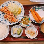 炉ばた」。 - おかず2品ランチ/1,100
手羽とろ唐揚げ、揚げ物(エビフライ)