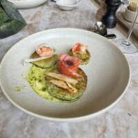 ジャヌ メルカート - 焼きリゾットバジル 富士山サーモン ホワイトアスパラガス 海老クリームソース