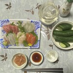 おさしみの店 魚七 - 刺盛りと塩からと竹葉、糠漬け