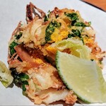 銀座ろくさん亭 - 揚物 新玉掛揚げ(新玉葱、浅利、白魚、桜えび、三つ葉、酒盗香煎)