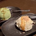 魚縁 - 甘味「抹茶の黒蜜濃厚アイス」と「バニラアイス」