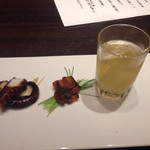 HongKongRoom GOUKA - アミューズ タコ、一口チャーシュー、冬瓜のシャンパンスープ天然のミョウガを添えて