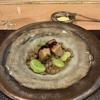 Restaurant つじ川 - フォアグラソテーとレンズ豆・空豆