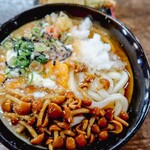 ヨコクラうどん - 温玉明太ぶっかけの残り出汁をなめこおろしにOn!