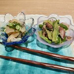 酒菜 原始焼き 竹さき - 有明クラゲ 土佐ポン酢、ホタルイカ わけぎ 大葉茗荷