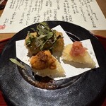 おかもと - 春野菜クリームコロッケ、キャビア、モンゴウイカおかき揚げ、雲丹、明太子。