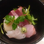 割烹 清風 - お造り：カツオ、平貝、スズキ、キンメダイ