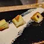 天ぷら 中村 - リーキ（左からそのまま、味噌、味噌ソース）