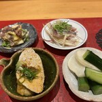 鮨 まぜき - ▪️野菜の酢漬け
      ▪️北陸のあん肝
      ▪️富山のイワシ
      ▪️富山湾ホタルイカと菜の花ウドの酢味噌和え