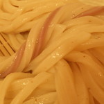 糧うどん　冷もり；アップ；地粉独特の粒々が