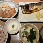 やよい軒 - 料理写真:サバの塩焼き定食、ミニ唐揚げ、蒸し鶏と海藻のポン酢あえ