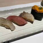 鮨 起承転結 - ヒラメ、中トロ、北寄貝、雲丹