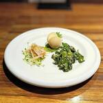 遊膳 - 前菜～うずらの煮玉子、春菊の胡麻和え、梅水晶②