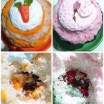 かき氷&デザート&カフェ ボンジョルネ - キャロットケーキ氷の中にはレアチーズに洋酒漬けのミックスフルーツ、くるみ入り♡桜あんみつ氷の中には苺、つぶあん、きなこ、よもぎ餅、黒蜜シロップが入っています。